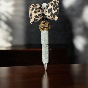 Leopard Bow and Rhinestone Pen